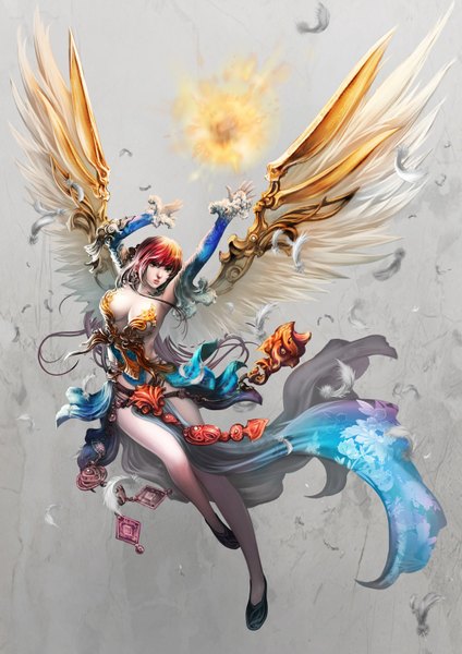 Anime picture 1024x1448 with original antilous (anti) long hair tall image light erotic simple background green eyes cleavage purple hair red hair wind grey background pale skin flying angel wings battle mechanical wings girl detached sleeves wings