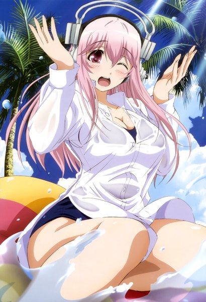 Anime picture 4079x5965 with nitroplus nyantype super sonico single long hair tall image looking at viewer blush highres open mouth pink hair absurdres one eye closed pink eyes wink official art girl swimsuit plant (plants) shirt