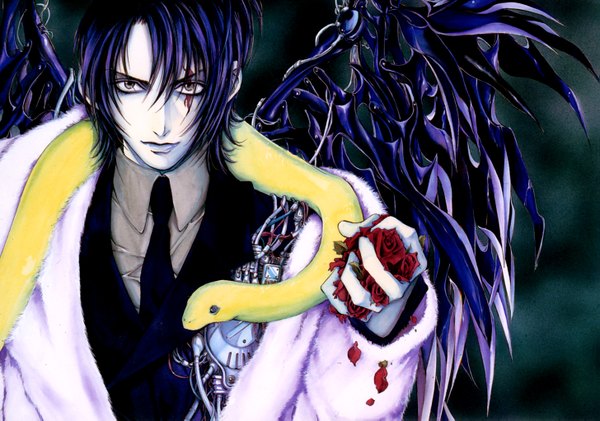 Anime picture 1455x1021 with angel sanctuary lucifer (angel sanctuary) yuki kaori short hair blue eyes simple background blue hair grey eyes scar pale skin angel boy flower (flowers) shirt wings necktie rose (roses) fur snake