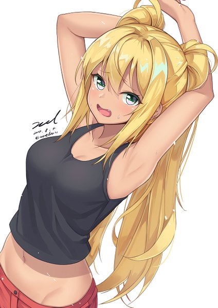 Anime picture 900x1273 with dumbbell nan kilo moteru? doga kobo sakura hibiki unel single long hair tall image looking at viewer fringe breasts open mouth simple background blonde hair hair between eyes white background twintails bare shoulders green eyes signed payot