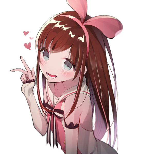 Anime picture 861x936 with virtual youtuber a.i. channel kizuna ai azit (down) single long hair tall image looking at viewer blush open mouth simple background brown hair white background upper body aqua eyes from above victory sailor collar girl bow