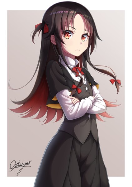 Anime picture 2894x4093 with ryuuou no oshigoto! yashajin ai ochiai miyabi single long hair tall image looking at viewer highres simple background red eyes brown hair signed red hair multicolored hair grey background one side up crossed arms colored inner hair girl skirt