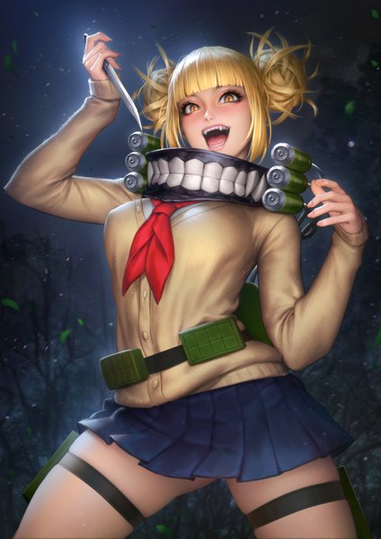 Anime picture 2480x3508 with boku no hero academia studio bones toga himiko nudtawut thongmai single tall image looking at viewer blush fringe highres short hair open mouth blonde hair holding outdoors blunt bangs pleated skirt arm up realistic night
