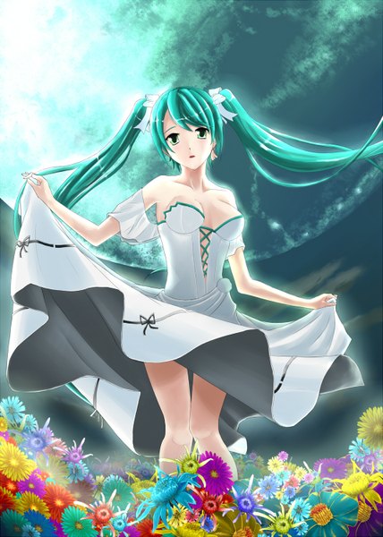 Anime picture 1070x1500 with vocaloid hatsune miku nanoha (pixiv2146915) long hair tall image blush breasts light erotic twintails bare shoulders aqua eyes aqua hair girl dress flower (flowers) bow hair bow white dress sundress