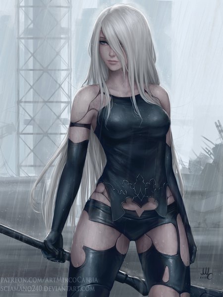 Anime-Bild 1650x2200 mit nier nier:automata yorha type a no. 2 sciamano240 single long hair tall image fringe breasts light erotic large breasts standing bare shoulders holding signed payot looking away silver hair outdoors lips