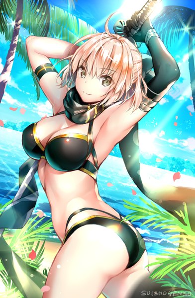 Anime picture 1000x1530 with fate (series) fate/grand order okita souji (fate) (all) okita souji (swimsuit assassin) (fate) suishougensou single tall image looking at viewer fringe short hair breasts light erotic blonde hair hair between eyes large breasts green eyes signed ahoge outdoors ass