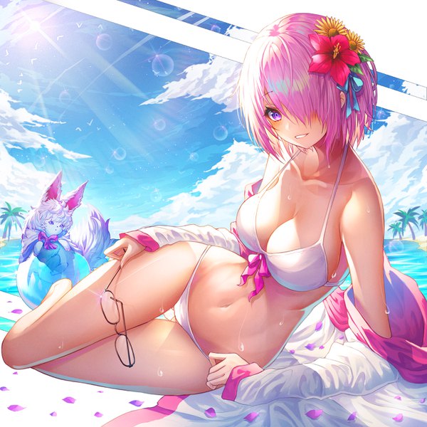 Anime picture 3000x3000 with fate (series) fate/grand order mash kyrielight fou (fate) mash kyrielight (swimsuit of perpetual summer) okazu (eightstudio) single looking at viewer blush fringe highres short hair breasts light erotic smile large breasts purple eyes bare shoulders holding pink hair