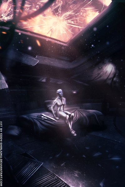 Anime picture 1920x2871 with mass effect 2 mass effect 3 liara tsoni eddy-shinjuku single tall image highres blue eyes sitting signed looking away sunlight realistic mole looking up girl pillow bed suit debris
