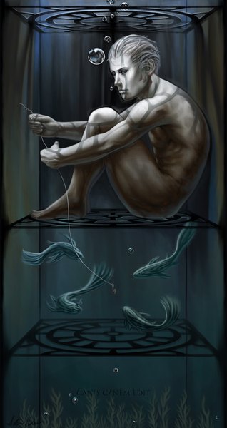 Anime picture 1198x2258 with cage (game) sdnolan single tall image short hair light erotic sitting signed white hair facial mark underwater face paint water bubble (bubbles) fish (fishes) cage