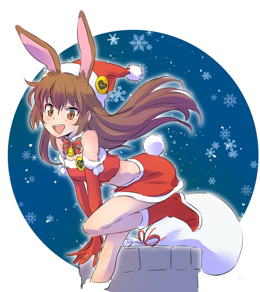 Anime picture 1778x2000 with rwby rooster teeth velvet scarlatina iesupa single tall image looking at viewer highres open mouth simple background brown hair brown eyes animal ears tail :d animal tail bunny ears snowing christmas bunny girl