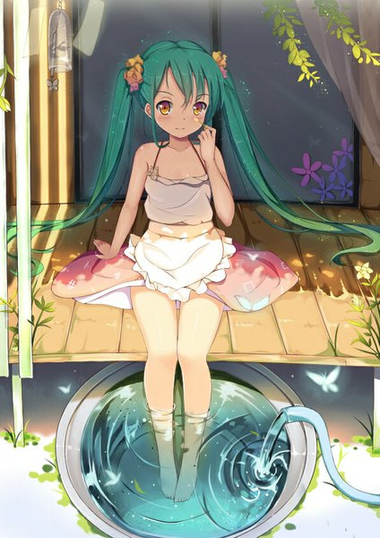 Anime picture 595x841 with vocaloid hatsune miku soulkiller (brz) single tall image blush sitting twintails bare shoulders yellow eyes very long hair barefoot from above aqua hair summer multicolored eyes girl plant (plants) water insect