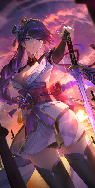 Anime picture 1575x3101 with genshin impact raiden shogun iop5509 single long hair tall image looking at viewer fringe breasts light erotic large breasts standing purple eyes holding sky purple hair cloud (clouds) braid (braids) traditional clothes japanese clothes