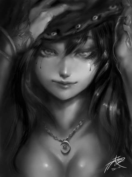 Anime picture 1536x2048 with original dimonella (original) phantom (ptcrow) single long hair tall image looking at viewer light erotic black hair lips grey eyes monochrome girl hat choker