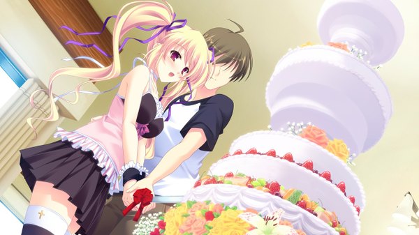 Anime picture 1280x720 with kimi wo aogi otome wa hime ni hoshikawa maiki long hair open mouth black hair blonde hair red eyes wide image twintails game cg girl boy sweets cake