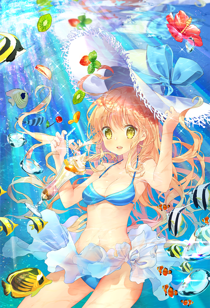 Anime picture 818x1200 with original mintchoco (orange shabette) single long hair tall image looking at viewer blush fringe breasts open mouth light erotic blonde hair large breasts yellow eyes sunlight sparkle underwater hat removed headwear removed girl