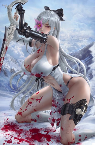 Anime picture 5277x8000 with drakengard zero (drag-on dragoon) lexaiduer single long hair tall image looking at viewer blush fringe highres breasts light erotic large breasts holding absurdres sky cleavage silver hair cloud (clouds) full body