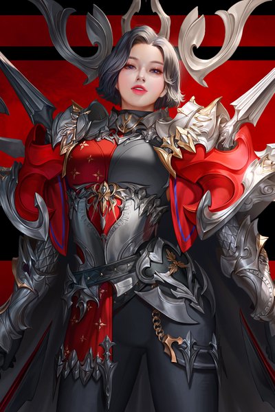 Anime picture 2181x3272 with original taekwon kim single tall image looking at viewer highres short hair blue eyes black hair parted lips mole mole under eye lipstick red lipstick cropped girl armor cape pants spaulder (spaulders)