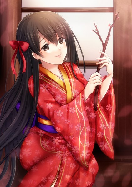 Anime picture 1019x1447 with original karo karo single long hair tall image looking at viewer black hair smile sitting traditional clothes japanese clothes black eyes girl bow hair bow kimono obi branch