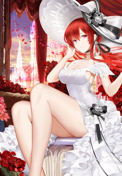 Anime picture 2500x3600 with azur lane monarch (azur lane) monarch (simple white grandeur) (azur lane) an yasuri single long hair tall image looking at viewer fringe highres breasts light erotic hair between eyes sitting bare shoulders red hair pink eyes bare legs covered nipples girl