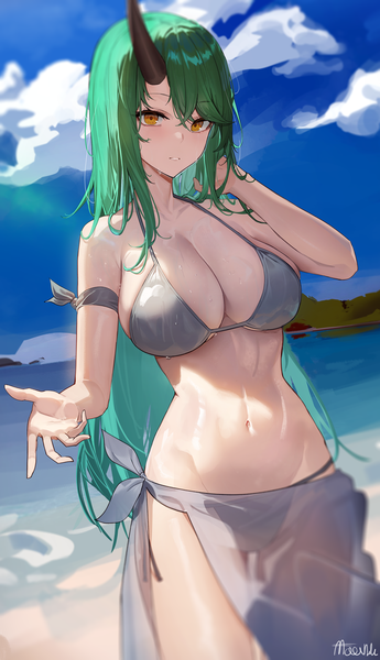 Anime picture 1555x2701 with arknights hoshiguma (arknights) maanu single long hair tall image looking at viewer fringe breasts light erotic hair between eyes large breasts standing signed yellow eyes sky cloud (clouds) outdoors parted lips arm up