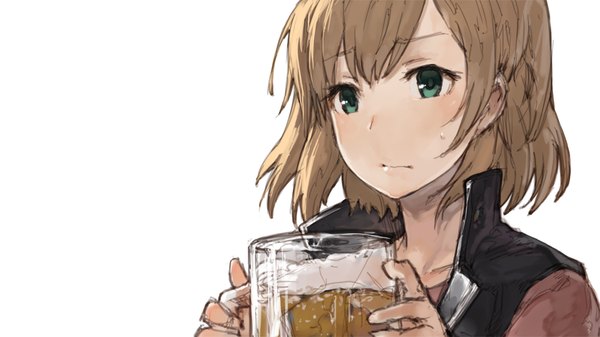 Anime picture 1024x576 with shirobako p.a. works miyamori aoi benitama single blush fringe short hair simple background brown hair wide image white background green eyes looking away sweat girl alcohol beer