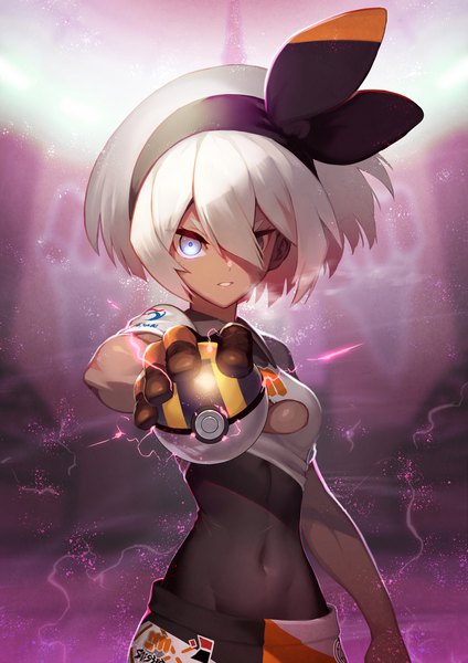 Anime picture 1500x2122 with pokemon pokemon (game) pokemon swsh nintendo bea (pokemon) nkmr8 single tall image looking at viewer fringe short hair blue eyes hair between eyes standing white hair dark skin covered navel girl hairband pokeball