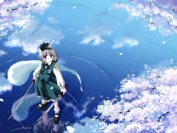 Anime picture 1600x1200 with touhou studio sdt konpaku youmu myon short hair cherry blossoms girl dress skirt ribbon (ribbons) weapon hair ribbon sword water katana skirt set