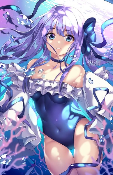 Anime picture 809x1250 with fate (series) fate/grand order meltryllis (fate) meltryllis (swimsuit lancer) (fate) squchan single tall image looking at viewer blush fringe breasts blue eyes light erotic signed purple hair long sleeves very long hair parted lips blurry off shoulder