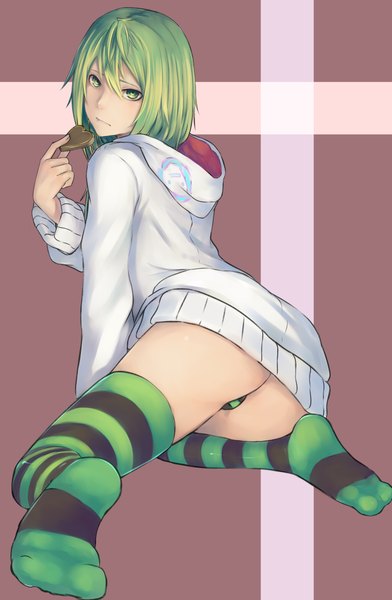 Anime picture 3019x4617 with original jikeshi single long hair tall image looking at viewer highres light erotic simple background sitting holding green eyes absurdres ass long sleeves green hair kneeling girl thighhighs underwear