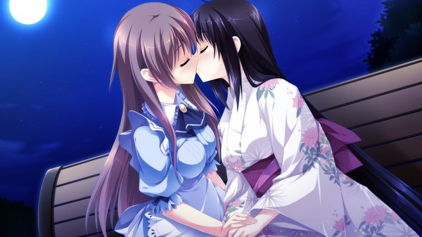 Anime picture 2560x1440 with otome ga tsumugu koi no canvas miyama mizuki kimishima ao long hair highres black hair brown hair wide image game cg eyes closed japanese clothes night kiss otoko no ko girl boy kimono moon