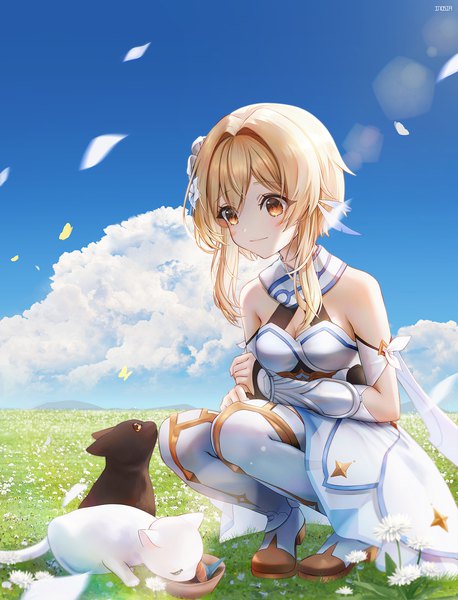 Anime picture 1597x2094 with genshin impact lumine (genshin impact) inosia single tall image fringe short hair blonde hair yellow eyes looking away sky cloud (clouds) full body outdoors squat girl flower (flowers) animal cat