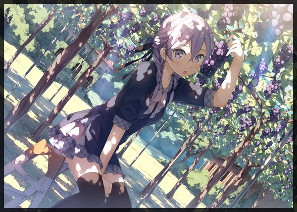 Anime picture 2577x1840 with original kantoku single long hair looking at viewer blush fringe highres open mouth hair between eyes sitting purple eyes purple hair outdoors braid (braids) head tilt sunlight arm support :o dutch angle