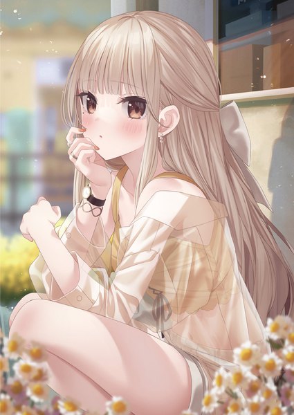 Anime picture 2150x3036 with original melonbooks jimmy madomagi single long hair tall image looking at viewer blush fringe highres open mouth blonde hair brown eyes payot outdoors blunt bangs long sleeves nail polish fingernails blurry