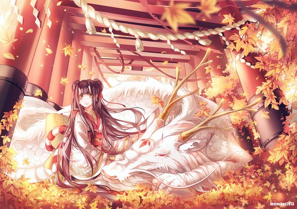 Anime picture 1000x706 with instockee single long hair black hair red eyes sitting signed yellow eyes nail polish traditional clothes japanese clothes horn (horns) pointy ears hair bun (hair buns) oni horns autumn girl earrings kimono leaf (leaves)
