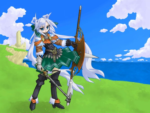Anime picture 1600x1200 with mof's silver haired twintailed girl mof long hair highres blue eyes twintails blue hair very long hair gloves sea armor spear shield polearm