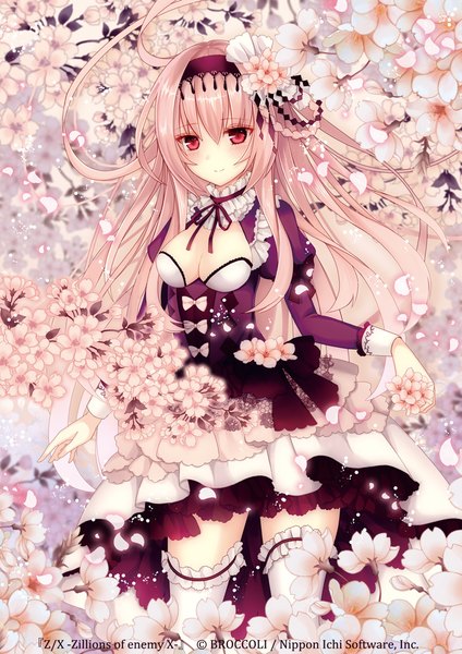 Anime picture 800x1132 with original nippon ichi nozomi fuuten single long hair tall image looking at viewer blush breasts light erotic smile red eyes standing pink hair cleavage hair flower zettai ryouiki puffy sleeves floating hair cherry blossoms