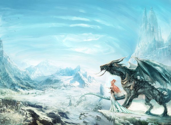 Аниме картинка 1200x878 с yangqi длинные волосы розовые волосы небо реалистичный снег гора (горы) пейзаж девушка платье броня дракон чудовище замок (за́мок)