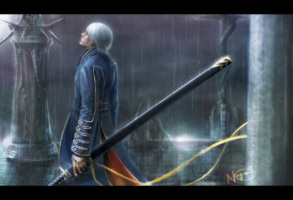 イラスト 1025x700 と デビル メイ クライ vergil かがみ(pixiv) ソロ 前髪 短い髪 holding signed white hair wet rain sheathed 男性 手袋 武器 剣 指なし手袋 日本刀 マント 剣鞘