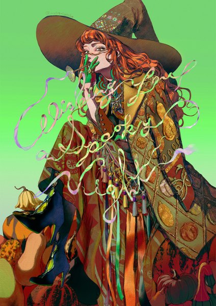 Anime picture 2026x2865 with original micho (golduhr) single long hair tall image fringe highres simple background sitting orange hair high heels crossed legs smoke halloween clothes on shoulders smoking green background food print girl gloves