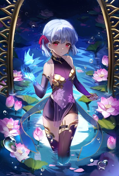 Anime picture 3000x4436 with fate (series) fate/grand order kama (fate) kyo (maae00) single tall image looking at viewer blush fringe highres short hair open mouth hair between eyes red eyes standing bare shoulders silver hair partially submerged floral print shaded face