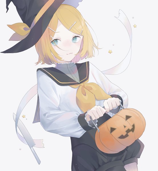 Anime picture 1200x1300 with vocaloid kagamine rin semegu single tall image looking at viewer short hair simple background blonde hair white background holding aqua eyes halloween :3 sailor collar girl hat star (symbol) bobby pin witch hat