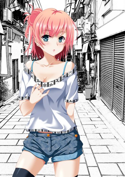 Anime picture 1157x1637 with yahari ore no seishun love comedy wa machigatteiru. brains base (studio) yuigahama yui kaze makase single tall image looking at viewer blush short hair blue eyes pink hair girl thighhighs black thighhighs shorts