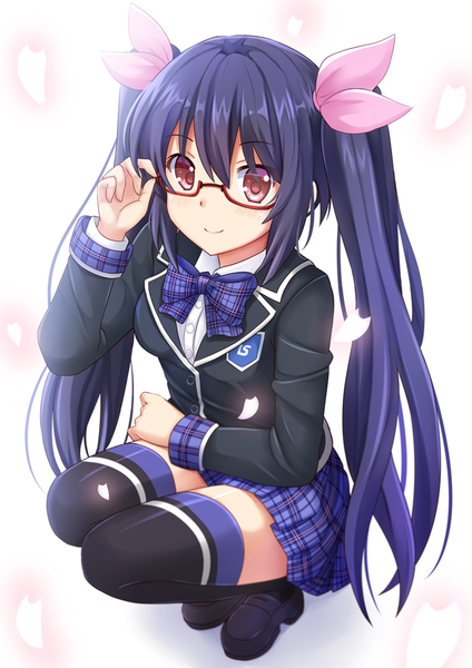 Anime picture 945x1337 with choujigen game neptune noire kazenokaze long hair tall image black hair smile red eyes twintails girl thighhighs skirt uniform bow black thighhighs hair bow school uniform petals glasses