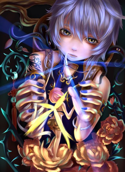 Anime picture 2362x3248 with original muy (tangerine) tall image highres short hair purple eyes bare shoulders pink hair purple hair nail polish from behind tattoo magic glowing fantasy fairy girl flower (flowers) wings bracelet