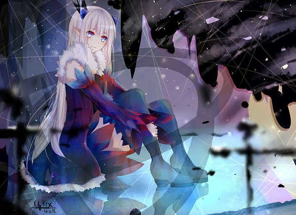 Anime picture 1000x729 with elsword luciela r. sourcream (elsword) demon power (elsword) bai qi-qsr single long hair looking at viewer blush fringe sitting purple eyes bare shoulders signed silver hair horn (horns) pointy ears reflection leg hug abstract girl