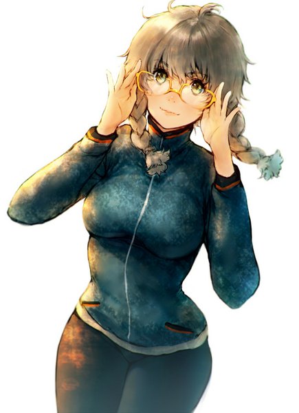 Anime picture 600x827 with steins;gate white fox amane suzuha makimura shunsuke single long hair tall image looking at viewer fringe breasts simple background large breasts standing white background green eyes braid (braids) wind grey hair twin braids adjusting glasses