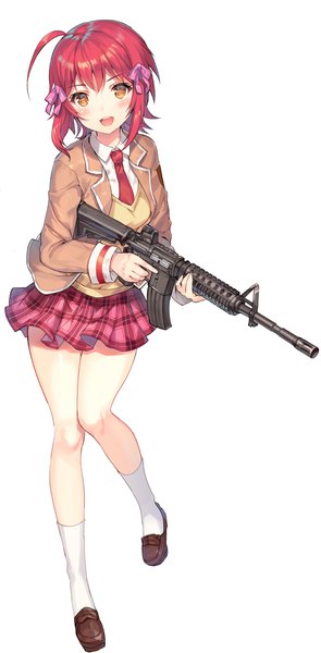 Anime picture 1892x3838 with bullet girls hinomoto aya momoko (momopoco) single tall image looking at viewer blush fringe highres short hair open mouth simple background hair between eyes white background holding brown eyes full body ahoge red hair official art