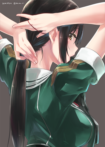 Anime picture 800x1112 with kantai collection chikuma heavy cruiser ko ru ri single long hair tall image simple background brown hair brown eyes signed profile looking back from behind grey background arms up adjusting hair dated tying hair girl