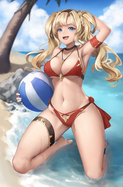 Anime-Bild 992x1500 mit granblue fantasy zeta (granblue fantasy) miso (b7669726) single long hair tall image looking at viewer fringe breasts open mouth blue eyes light erotic blonde hair smile large breasts twintails holding payot sky cleavage