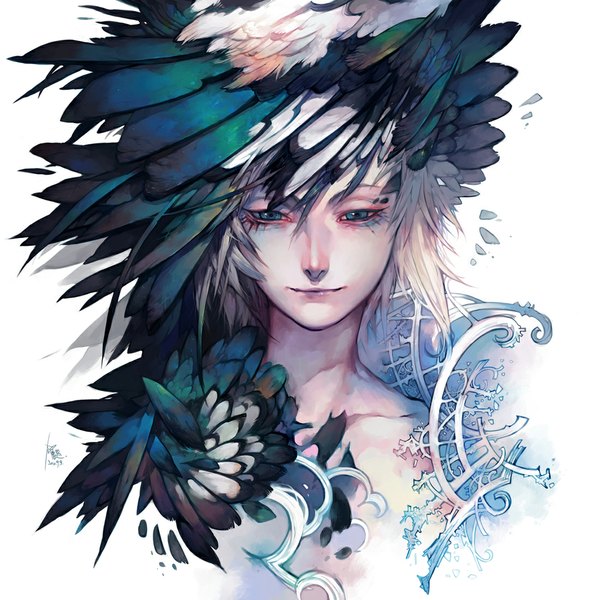 Anime picture 1100x1100 with original yilee single looking at viewer short hair blonde hair white background signed aqua eyes face face paint girl headdress feather (feathers)